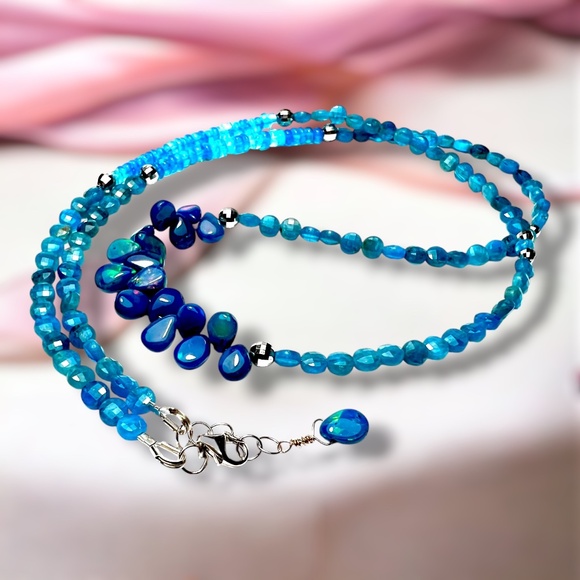 Natural Apatite and Black Opal Wrap Bracelet, Necklace Solid 14k White Gold - Picture 1 of 7